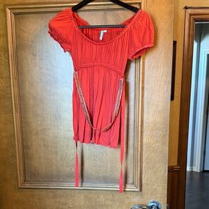 Women's Red Peasant Tunic with Tie Detail